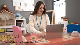  Presentation with abc preschool - PPT theme featuring young-beautiful-hispanic-woman-preschool background and a coral colored foreground