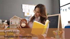  Presentation with story book - Presentation theme having young-beautiful-hispanic-woman-preschool background and a red colored foreground