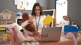  Presentation with story book - PPT layouts having young-beautiful-hispanic-woman-preschool background and a violet colored foreground