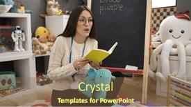  Presentation with story book - PPT theme enhanced with young-beautiful-hispanic-woman-preschool background and a tawny brown colored foreground