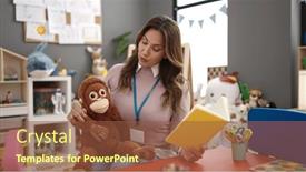  Presentation with story book - Presentation theme with young-beautiful-hispanic-woman-preschool background and a tawny brown colored foreground