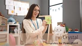  Presentation with teaching - PPT layouts consisting of young-beautiful-hispanic-woman-preschool background and a coral colored foreground