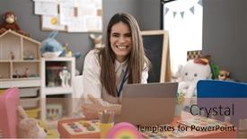  Presentation with beautiful hispanic woman - Presentation theme with young-beautiful-hispanic-woman-preschool background and a coral colored foreground