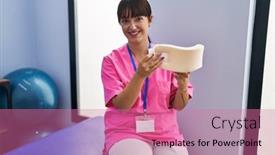  Presentation with confident young hispanic woman - PPT theme enhanced with young-beautiful-hispanic-woman-pysiotherapist background and a coral colored foreground