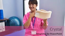  Presentation with cervical - PPT theme having young-beautiful-hispanic-woman-pysiotherapist background and a coral colored foreground