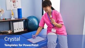  Presentation with rehab clinic - PPT theme having young-beautiful-hispanic-woman-pysiotherapist background and a teal colored foreground