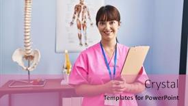  Presentation with rehab - Slide deck consisting of young-beautiful-hispanic-woman-pysiotherapist background and a coral colored foreground