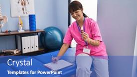  Presentation with rehab clinic - PPT theme having young-beautiful-hispanic-woman-pysiotherapist background and a teal colored foreground