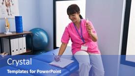  Presentation with rehab clinic - Presentation theme featuring young-beautiful-hispanic-woman-pysiotherapist background and a teal colored foreground