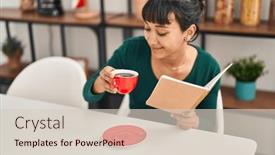  Presentation with reading table - Presentation having young-beautiful-hispanic-woman-reading background and a lemonade colored foreground