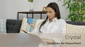  Presentation with coffee book - PPT theme having young-beautiful-hispanic-woman-reading background and a mint green colored foreground