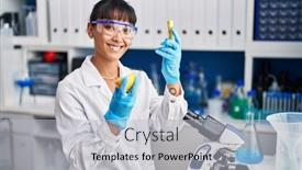  Presentation with beautiful hispanic woman - Presentation theme consisting of young-beautiful-hispanic-woman-scientist background and a light gray colored foreground