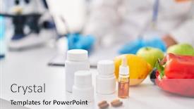  Presentation with laboratory food - Presentation consisting of young-beautiful-hispanic-woman-scientist background and a  colored foreground