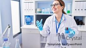  Presentation with beautiful hispanic woman - PPT theme featuring young-beautiful-hispanic-woman-scientist background and a light blue colored foreground