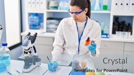  Presentation with street food - Presentation design enhanced with young-beautiful-hispanic-woman-scientist background and a light blue colored foreground