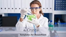  Presentation with test tube laboratory - Presentation theme enhanced with young-beautiful-hispanic-woman-scientist background and a light blue colored foreground