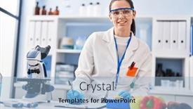  Presentation with report - Slides enhanced with young-beautiful-hispanic-woman-scientist background and a light blue colored foreground