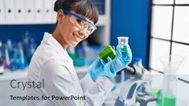  Presentation with beautiful hispanic woman - Presentation featuring young-beautiful-hispanic-woman-scientist background and a  colored foreground