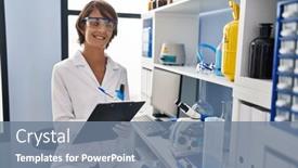  Presentation with report - Presentation featuring young-beautiful-hispanic-woman-scientist background and a gray colored foreground