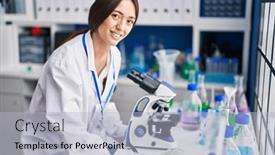  Presentation with microscope - PPT layouts having young-beautiful-hispanic-woman-scientist background and a light gray colored foreground