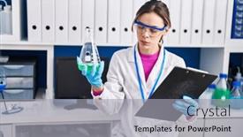  Presentation with test tube laboratory - Presentation featuring young-beautiful-hispanic-woman-scientist background and a light gray colored foreground