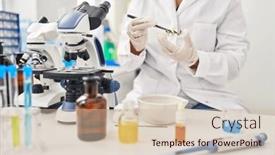  Presentation with young plant - Presentation having young-beautiful-hispanic-woman-scientist background and a soft green colored foreground