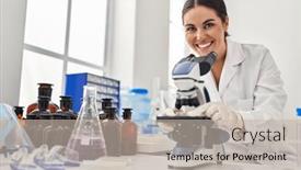  Presentation with microscope - Presentation having young-beautiful-hispanic-woman-scientist background and a mint green colored foreground