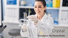  Presentation with tubes - Slide deck consisting of young-beautiful-hispanic-woman-scientist background and a light gray colored foreground