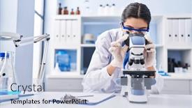  Presentation with microscope - PPT theme with young-beautiful-hispanic-woman-scientist background and a light blue colored foreground