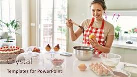  Presentation with muffin - Presentation theme featuring young-beautiful-hispanic-woman-smiling background and a lemonade colored foreground