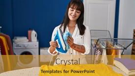  Presentation with room cleaning - Presentation theme featuring young-beautiful-hispanic-woman-smiling background and a gold colored foreground