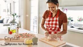  Presentation with onion - PPT theme with young-beautiful-hispanic-woman-smiling background and a coral colored foreground