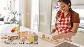  Presentation with mushroom - PPT theme with young-beautiful-hispanic-woman-smiling background and a soft green colored foreground