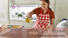  Presentation with cooking oil - PPT theme consisting of young-beautiful-hispanic-woman-smiling background and a coral colored foreground