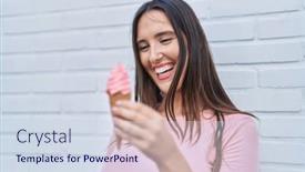  Presentation with white brick - Presentation theme consisting of young-beautiful-hispanic-woman-smiling background and a sky blue colored foreground