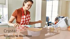  Presentation with spaghetti - Presentation enhanced with young-beautiful-hispanic-woman-smiling background and a coral colored foreground