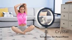  Presentation with class - PPT theme featuring young-beautiful-hispanic-woman-smiling background and a coral colored foreground