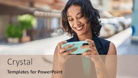  Presentation with beautiful black women smiling - PPT layouts enhanced with young-beautiful-hispanic-woman-smiling and a coral colored foreground