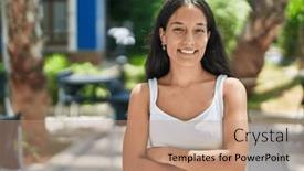  Presentation with beautiful hispanic woman - PPT theme consisting of young-beautiful-hispanic-woman-standing background and a coral colored foreground