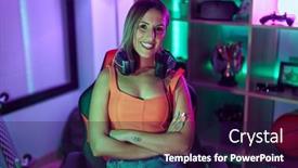  Presentation with confident young hispanic woman - Presentation design consisting of young-beautiful-hispanic-woman-streamer background and a wine colored foreground