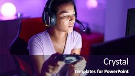  Presentation with streamer - Slide deck consisting of young-beautiful-hispanic-woman-streamer background and a navy blue colored foreground