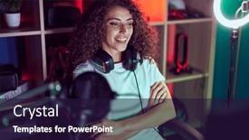  Presentation with gaming - PPT theme with young-beautiful-hispanic-woman-streamer background and a wine colored foreground