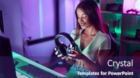  Presentation with gaming - Slides with young-beautiful-hispanic-woman-streamer background and a navy blue colored foreground