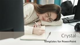  Presentation with student writing - Theme with young-beautiful-hispanic-woman-student background and a lemonade colored foreground