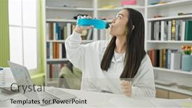  Presentation with beverage - Theme consisting of young-beautiful-hispanic-woman-student background and a light gray colored foreground