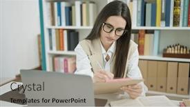  Presentation with student writing - Slides with young-beautiful-hispanic-woman-student background and a coral colored foreground