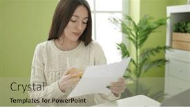  Presentation with orange juice - Slide set with young-beautiful-hispanic-woman-student background and a  colored foreground