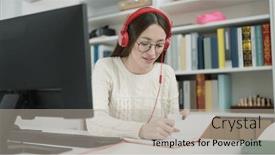  Presentation with student writing - Presentation design with young-beautiful-hispanic-woman-student background and a light gray colored foreground