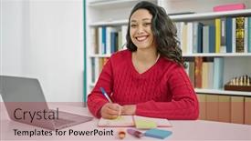  Presentation with writing notes - Presentation with young-beautiful-hispanic-woman-student background and a red colored foreground