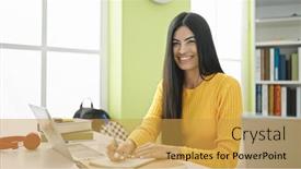  Presentation with writing notes - Presentation theme featuring young-beautiful-hispanic-woman-student background and a yellow colored foreground